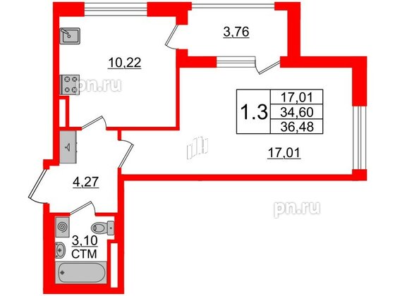 Квартира в ЖК 'Дворцовый фасад', 1 комнатная, 34.6 м², 1 этаж