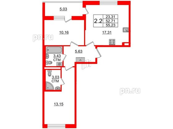 Квартира в ЖК 'Дворцовый фасад', 2 комнатная, 52.71 м², 3 этаж