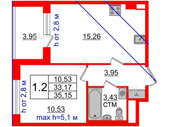 Квартира в ЖК «Дворцовый фасад», 1 комнатная, 33.17 м², 4 этаж