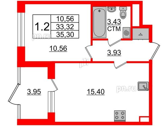 Квартира в ЖК 'Дворцовый фасад', 1 комнатная, 33.32 м², 1 этаж