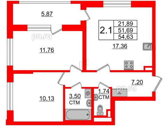 Квартира в ЖК 'Дворцовый фасад', 2 комнатная, 51.69 м², 1 этаж