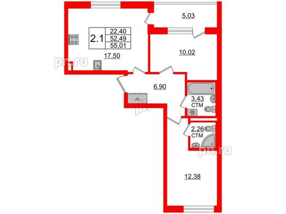 Квартира в ЖК 'Дворцовый фасад', 2 комнатная, 52.49 м², 2 этаж