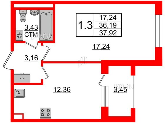 Квартира в ЖК 'Дворцовый фасад', 1 комнатная, 36.19 м², 1 этаж