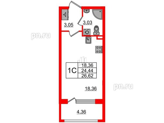 Квартира в ЖК 'Дворцовый фасад', студия, 24.44 м², 1 этаж