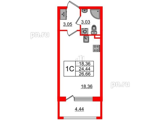 Квартира в ЖК 'Дворцовый фасад', студия, 24.44 м², 1 этаж