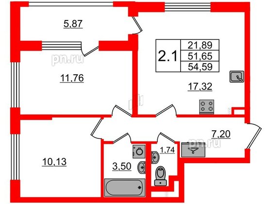 Квартира в ЖК 'Дворцовый фасад', 2 комнатная, 51.65 м², 2 этаж