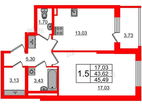 Квартира в ЖК «Дворцовый фасад», 1 комнатная, 43.62 м², 1 этаж