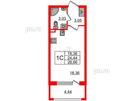 Квартира в ЖК 'Дворцовый фасад', студия, 24.44 м², 1 этаж