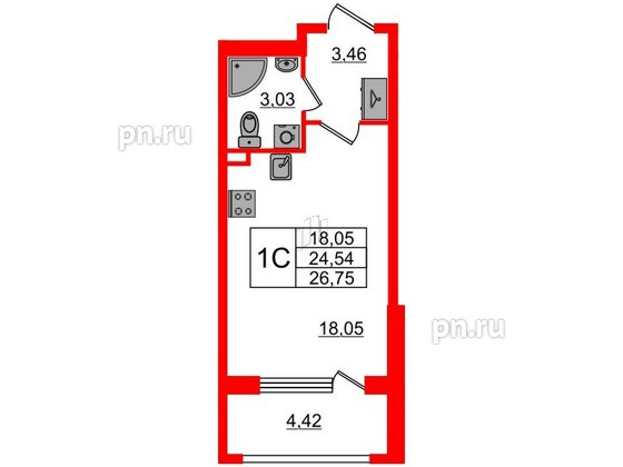 Квартира в ЖК 'Дворцовый фасад', студия, 24.54 м², 1 этаж