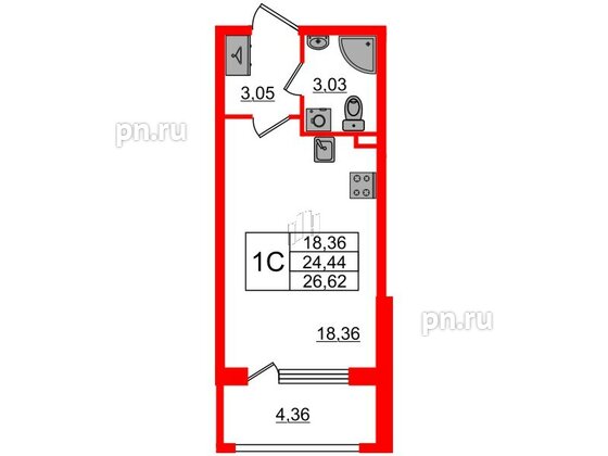 Квартира в ЖК 'Дворцовый фасад', студия, 24.44 м², 1 этаж