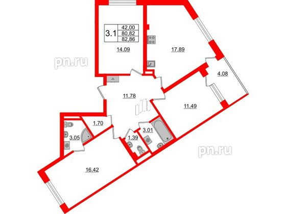 Квартира в ЖК 'Дворцовый фасад', 3 комнатная, 80.82 м², 3 этаж