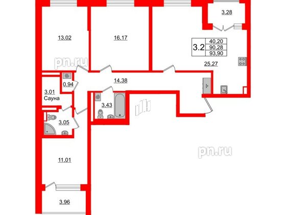 Квартира в ЖК 'Дворцовый фасад', 3 комнатная, 90.28 м², 2 этаж