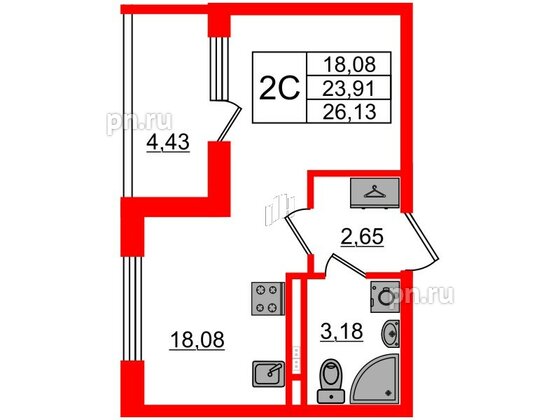 Квартира в ЖК «Дворцовый фасад», студия, 24.4 м², 2 этаж