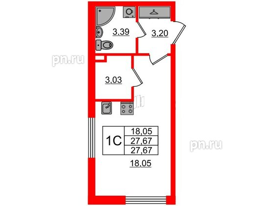Квартира в ЖК «Дворцовый фасад», студия, 26.9 м², 1 этаж