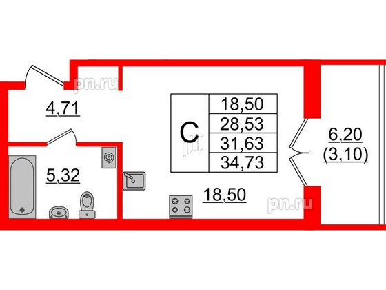 Квартира в ЖК Образцовый квартал, студия, 28.53 м², 2 этаж