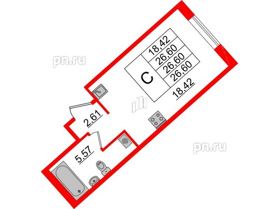 Квартира в ЖК Образцовый квартал, студия, 26.6 м², 2 этаж