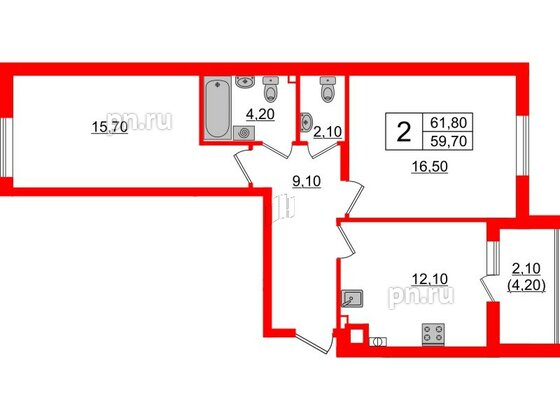 Квартира в ЖК «River Park», 2 комнатная, 61.8 м², 1 этаж