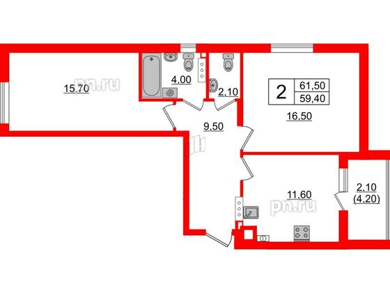 Квартира в ЖК «River Park», 2 комнатная, 61.5 м², 2 этаж