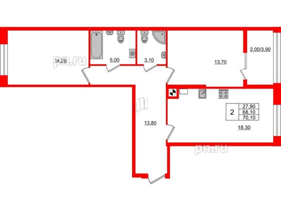 Квартира в ЖК «Альпы», 2 комнатная, 70.1 м², 1 этаж