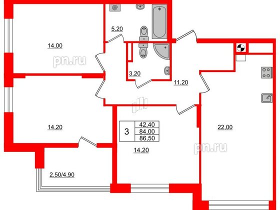 Квартира в ЖК «Альпы», 3 комнатная, 86.5 м², 2 этаж