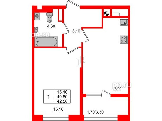 Квартира в ЖК «Альпы», 1 комнатная, 42.5 м², 3 этаж