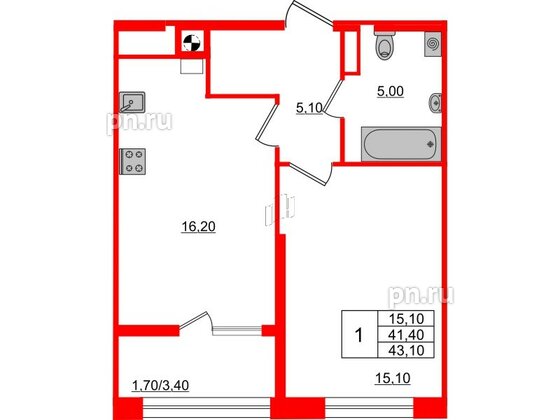 Квартира в ЖК «Альпы», 1 комнатная, 43.1 м², 3 этаж