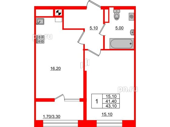 Квартира в ЖК «Альпы», 1 комнатная, 43.1 м², 3 этаж