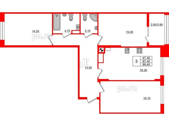 Квартира в ЖК «Альпы», 3 комнатная, 89.4 м², 5 этаж