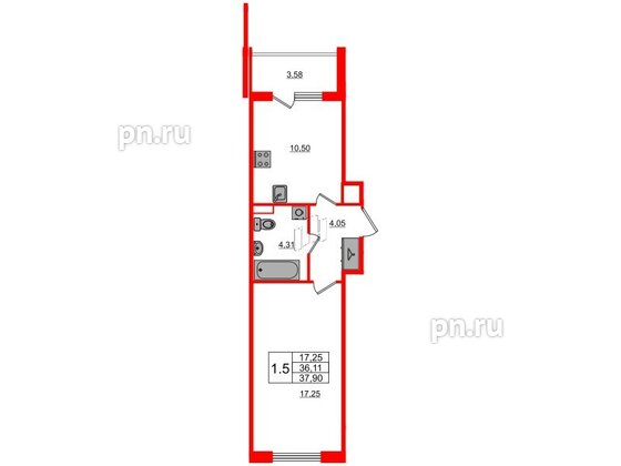 Квартира в ЖК Univer City, 1 комнатная, 36.11 м², 1 этаж