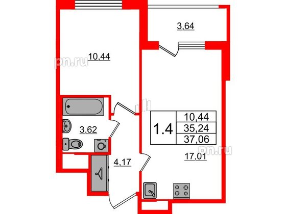 Квартира в ЖК 'Univer City', 1 комнатная, 35.24 м², 1 этаж