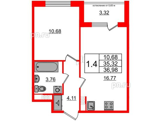 Квартира в ЖК 'Univer City', 1 комнатная, 35.32 м², 4 этаж