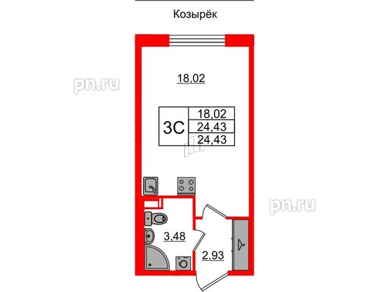 Квартира в ЖК Univer City, студия, 24.43 м², 2 этаж