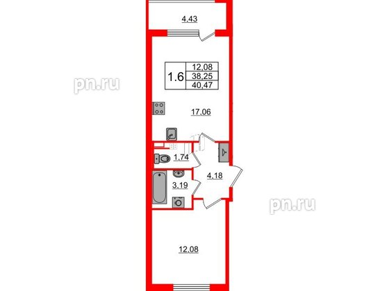 Квартира в ЖК Univer City, 1 комнатная, 38.25 м², 2 этаж