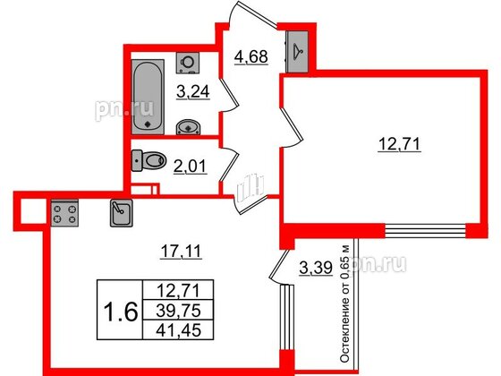 Квартира в ЖК Univer City, 1 комнатная, 39.75 м², 1 этаж