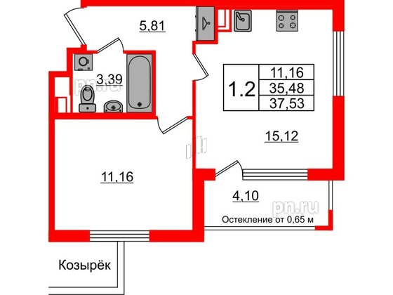 Квартира в ЖК Univer City, 1 комнатная, 35.48 м², 1 этаж