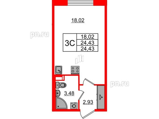 Квартира в ЖК 'Univer City', студия, 24.43 м², 1 этаж