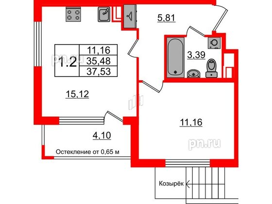 Квартира в ЖК Univer City, 1 комнатная, 35.48 м², 1 этаж