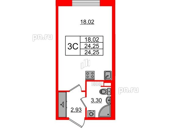 Квартира в ЖК 'Univer City', студия, 24.25 м², 3 этаж