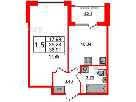 Квартира в ЖК Univer City, 1 комнатная, 35.28 м², 3 этаж