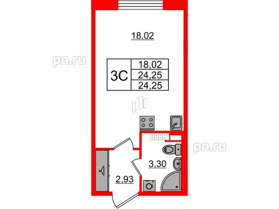 Квартира в ЖК Univer City, студия, 24.25 м², 3 этаж