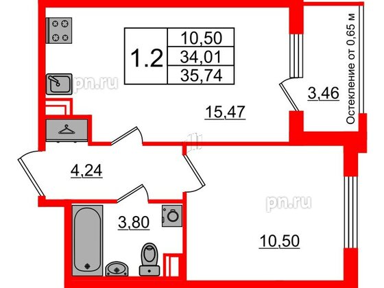 Квартира в ЖК Univer City, 1 комнатная, 34.01 м², 1 этаж