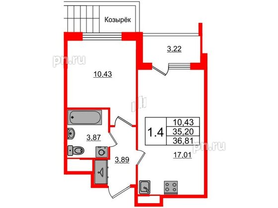 Квартира в ЖК Univer City, 1 комнатная, 35.2 м², 1 этаж