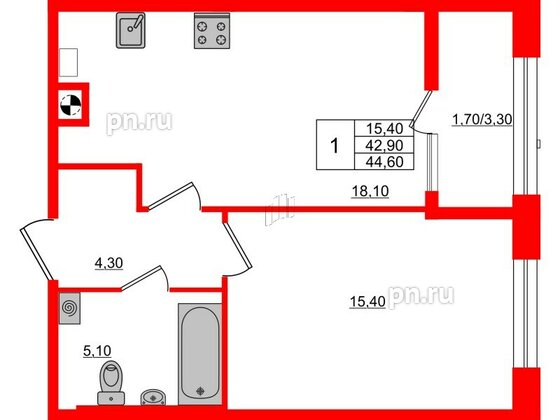 Квартира в ЖК «Альпы», 1 комнатная, 44.6 м², 2 этаж