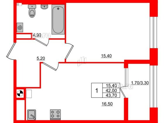 Квартира в ЖК «Альпы», 1 комнатная, 43.7 м², 2 этаж