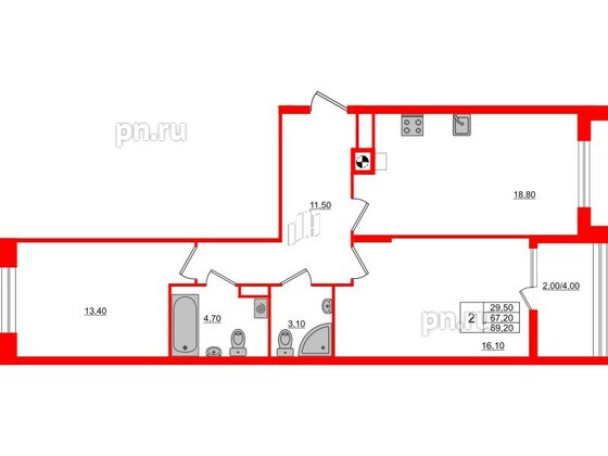 Квартира в ЖК «Альпы», 2 комнатная, 69.2 м², 4 этаж