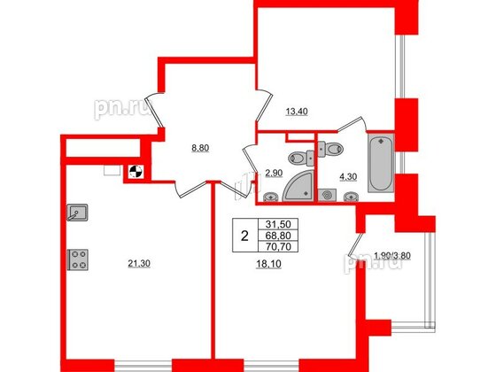 Квартира в ЖК «Альпы», 2 комнатная, 70.7 м², 2 этаж