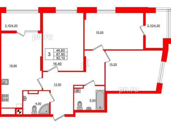 Квартира в ЖК «Альпы», 3 комнатная, 92.1 м², 3 этаж