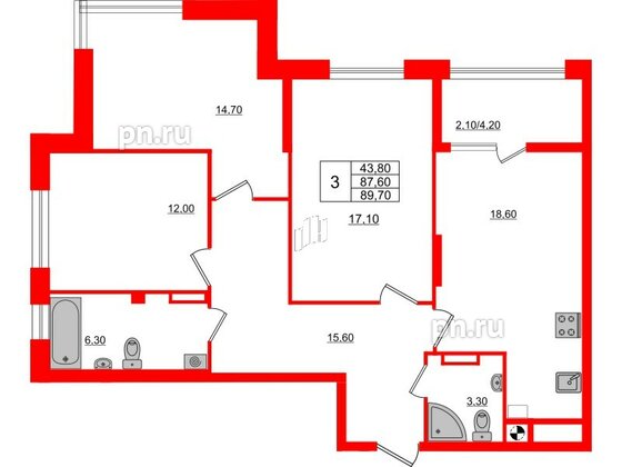 Квартира в ЖК «Альпы», 3 комнатная, 89.7 м², 4 этаж