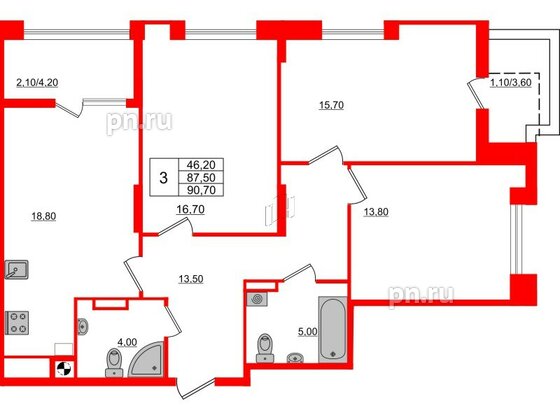 Квартира в ЖК «Альпы», 3 комнатная, 90.7 м², 8 этаж