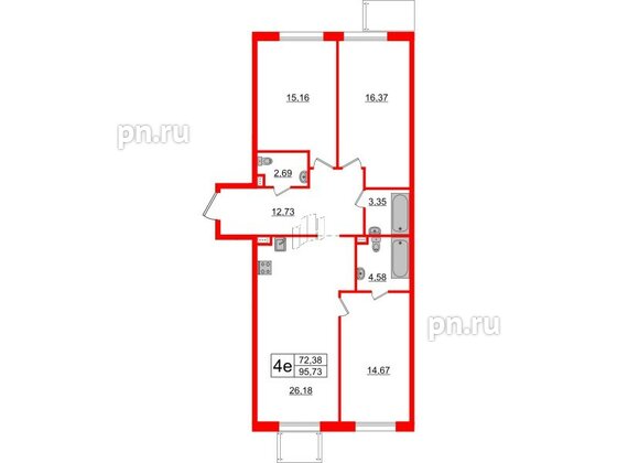 Апартаменты в ЖК ZOOM на Неве, 3 комнатные, 95.73 м², 2 этаж